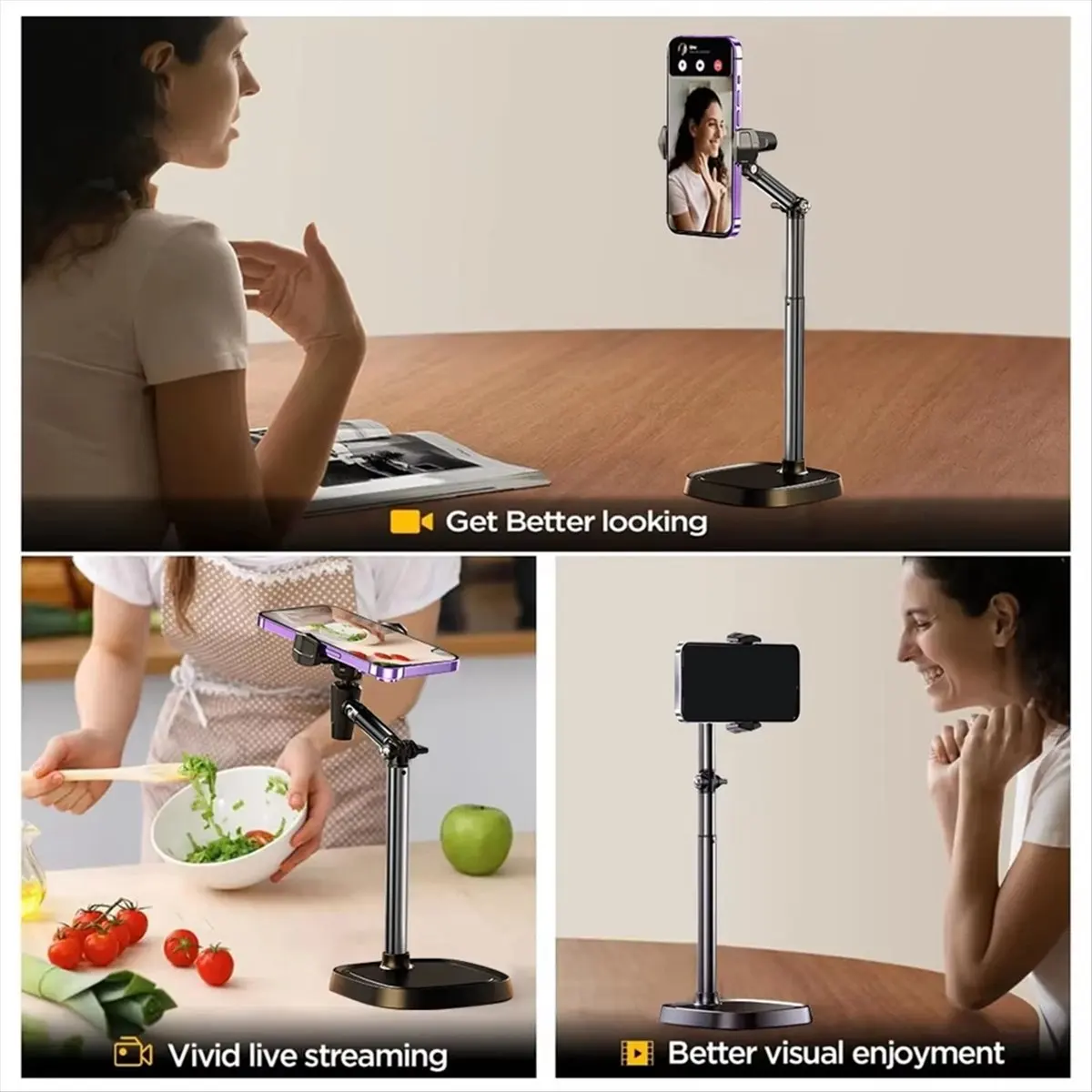 L63A Mobile Phone Holder Mount 360° Rotatable Live Broadcast Bracket Height Adjustable Desktop Smartphone Stand Holder White