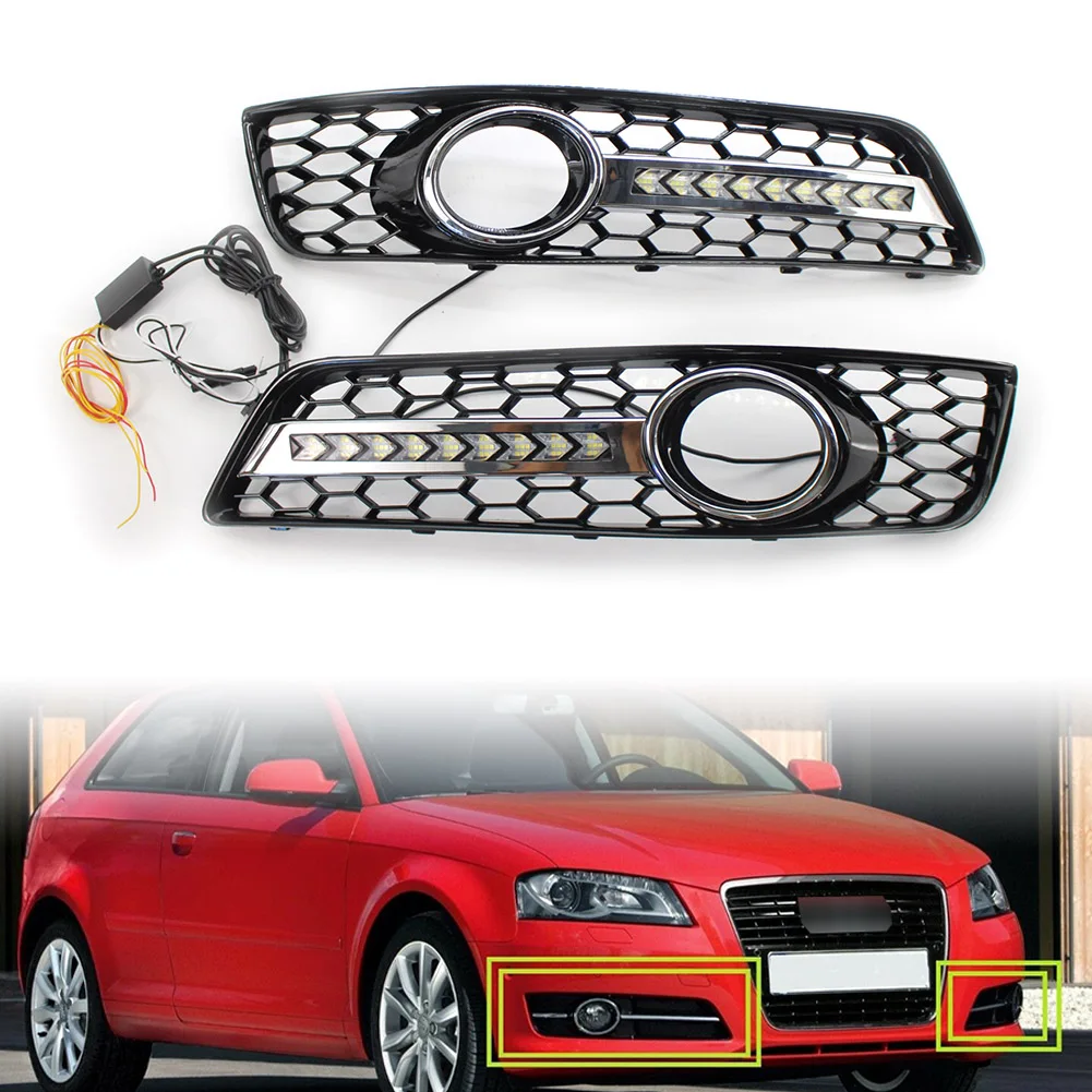 2Pcs Car Front Fog Light Lamp Cover Honeycomb Mesh Grill w/ LED Lights For Audi A3 8P 2009 2010 2011 2012 2013