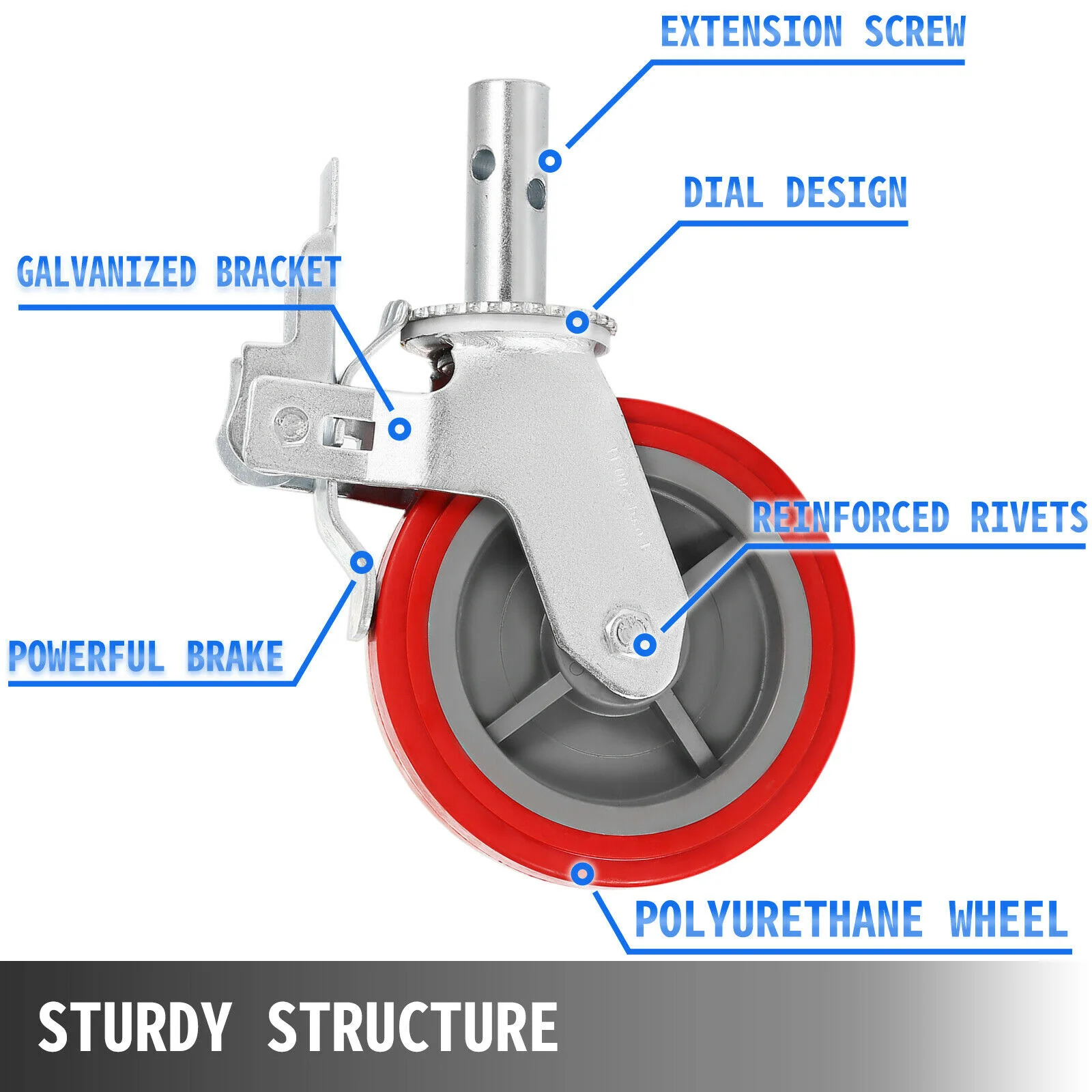 VEVOR Polyurethane Swivel Caster Wheels Set of 4 Scaffolding Casters Heavy Duty 3200lb Per Set Locking Stem Casters with Brake