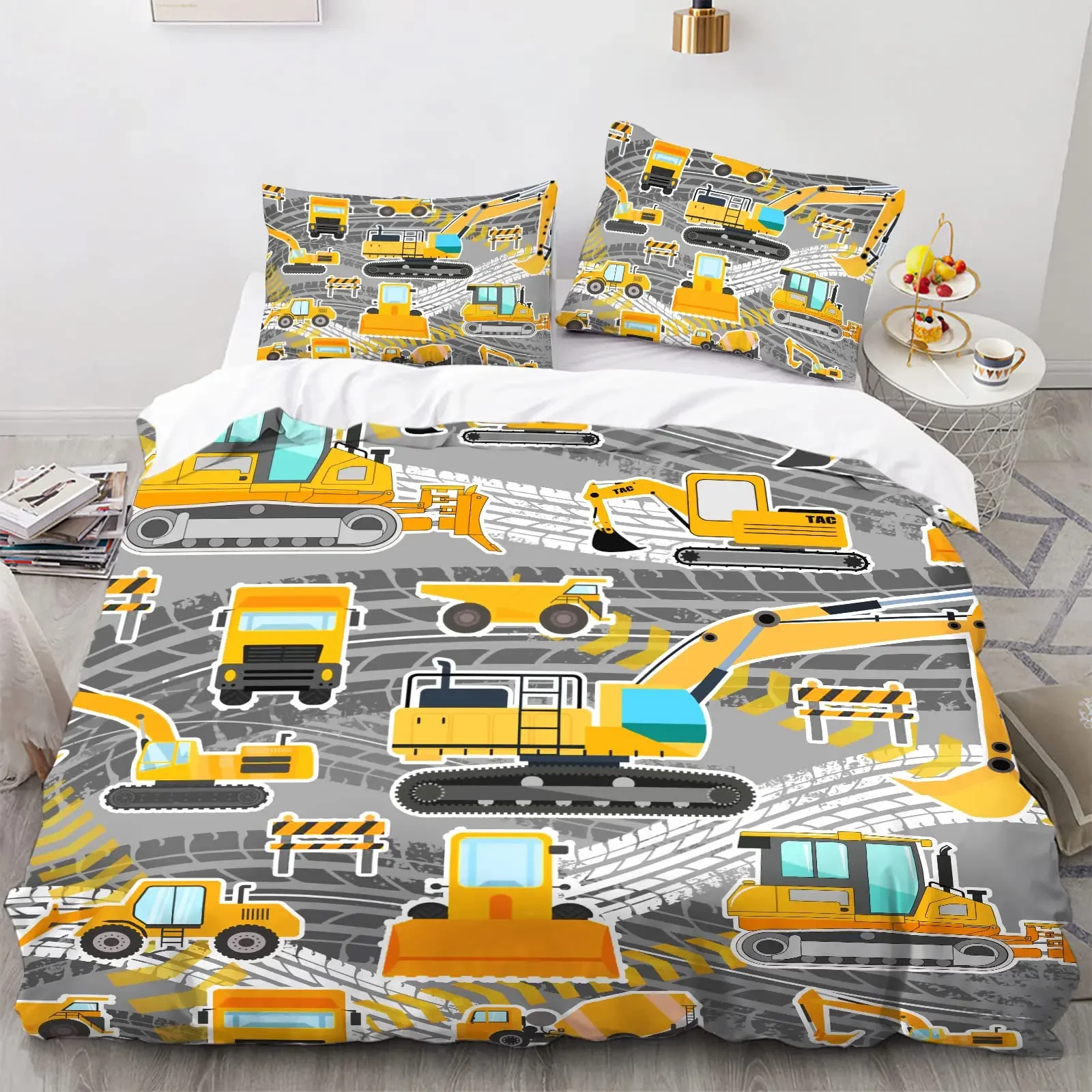 Truck Excavator King Queen Duvet Cover Yellow Tractor Bedding Set for Kids Boys Girls Cartoon Car Transporter 2/3pcs Quilt Cover