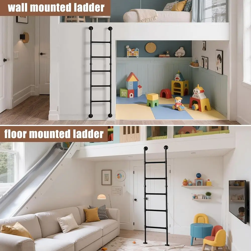 Heavy-Duty 5.6ft RV Bunk Ladder with 5 Rungs, Fire-Escape Style, Supports 355lbs for Home, Attic, and Deck Use