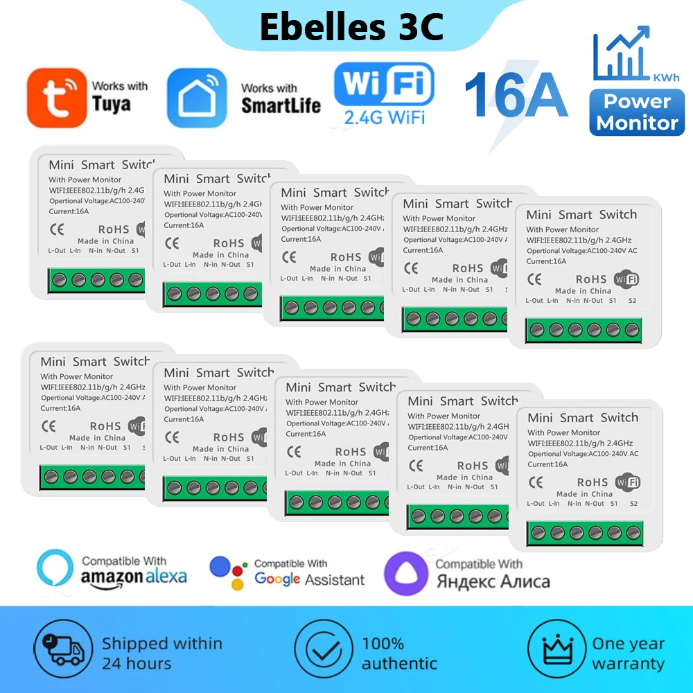 16A Tuya WiFi Smart Switch Module with Power Monitor 2-way Control Mini Switch Breaker Smart Life Work With Alexa Google Alice
