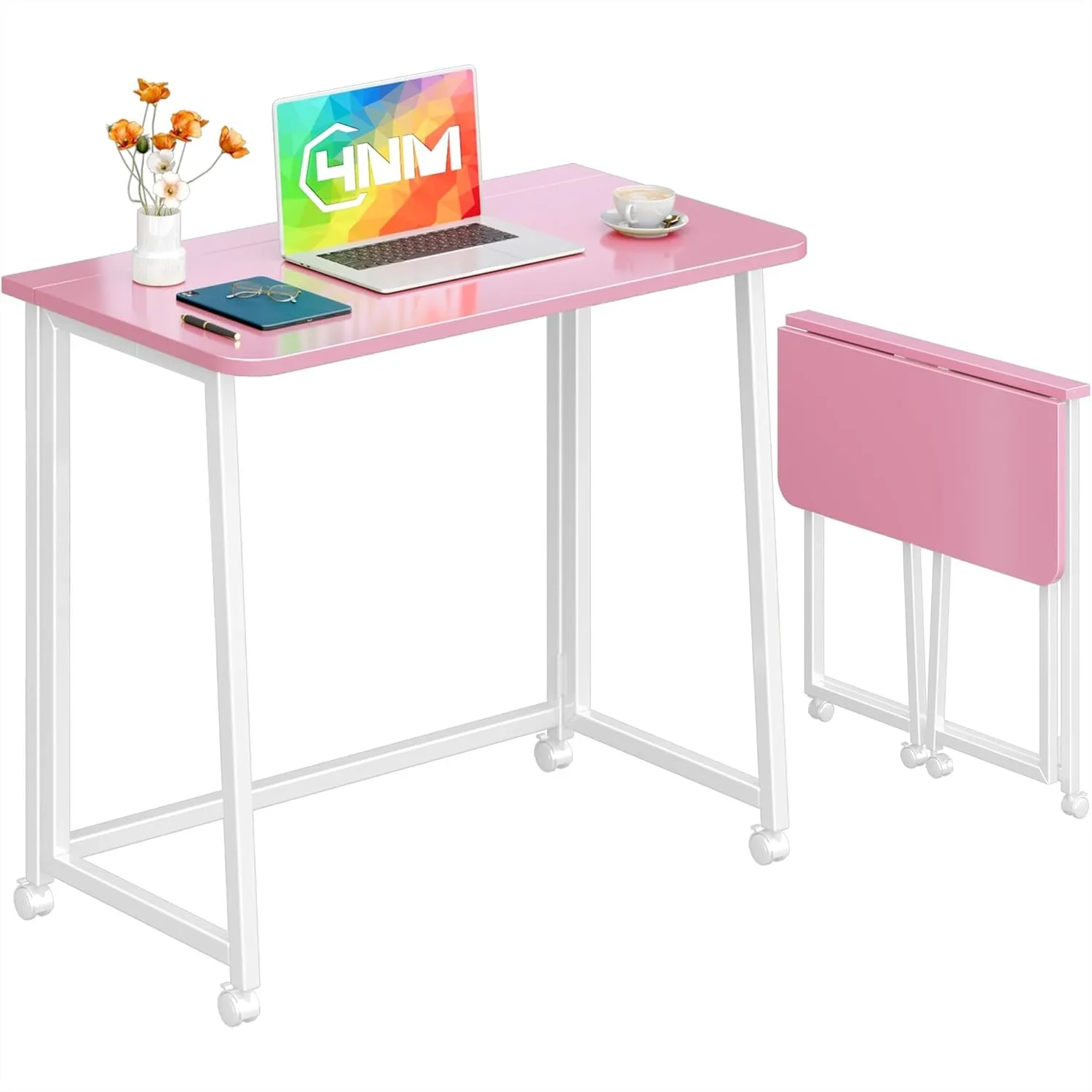 

31.5" Foldable Rolling Desk for Small Spaces, Pink and White Mobile Study Table with Wheels