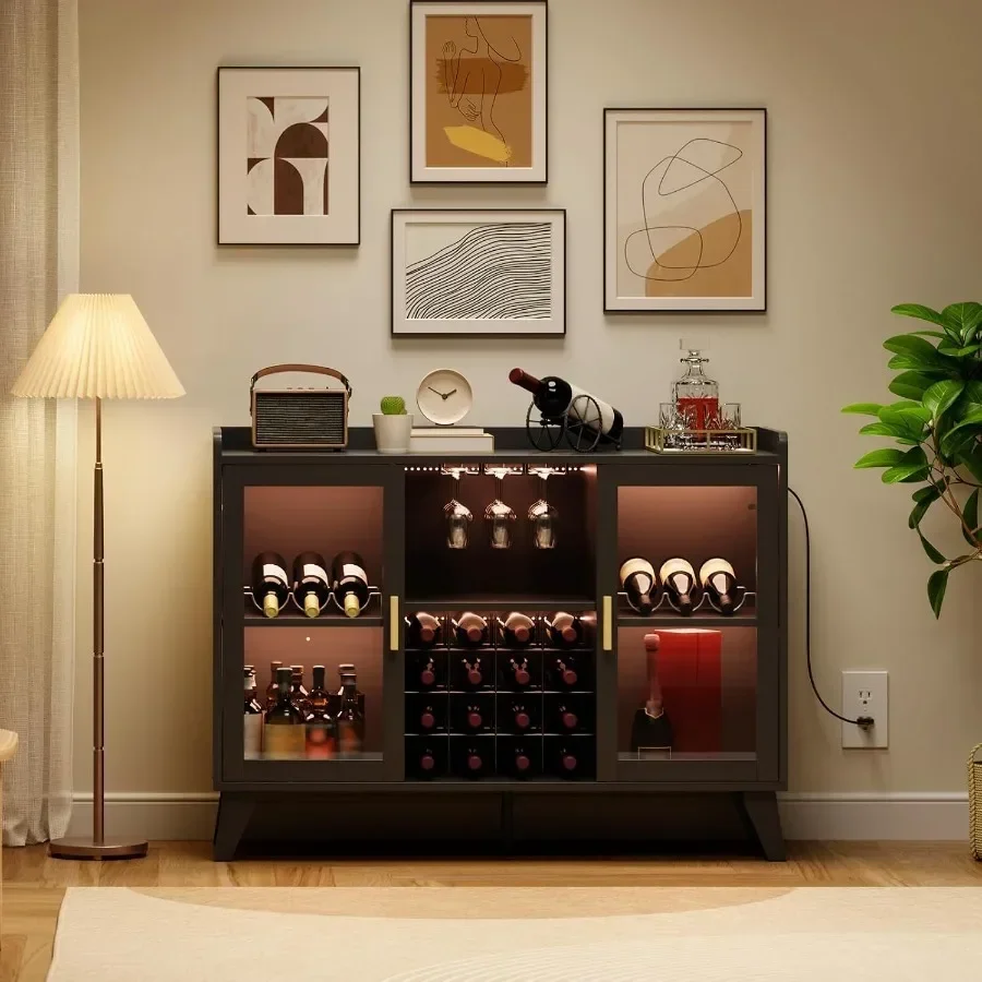 Bar Cabinet with LED Lights for Wine Storage, Black Acrylic Doors, Modern Illuminated Design view 4