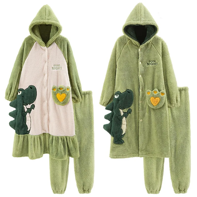 Couple Coral Velvet Pajamas Set Men Sleep Robe&Pants Sleepwear Nightgown Women Cute Cartoon Dinosaur Pijamas--price only 1 PC