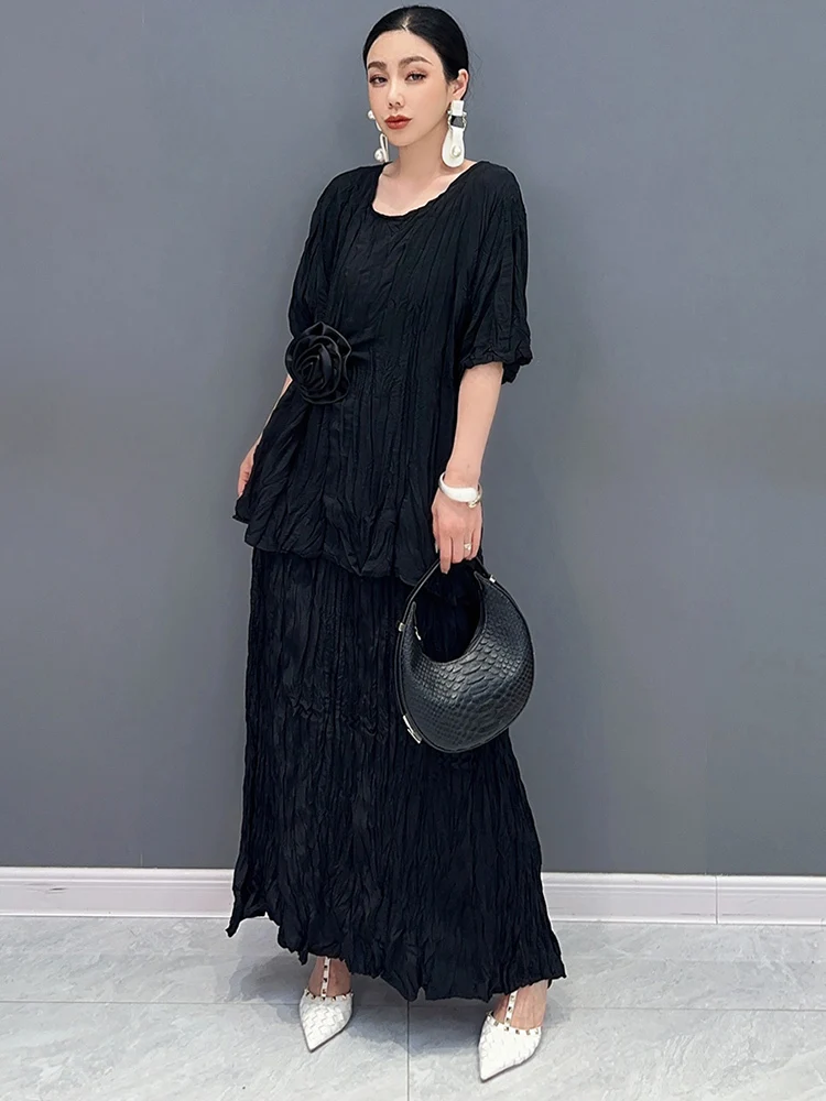 SHENGPALAE O-Neck Half Sleeve Shirt And Long Skirt 2024 Summer New 2 Piece Set Loose Comfortable Fashion Elegant Clothes 5R9700