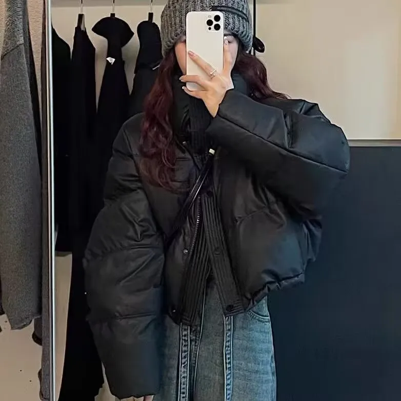 Winter Women PU Short Jacket 2025 Female Waterproof Cotton-padded Jacket Woman Korean Thicken Stand-up Collar Bread Jacket