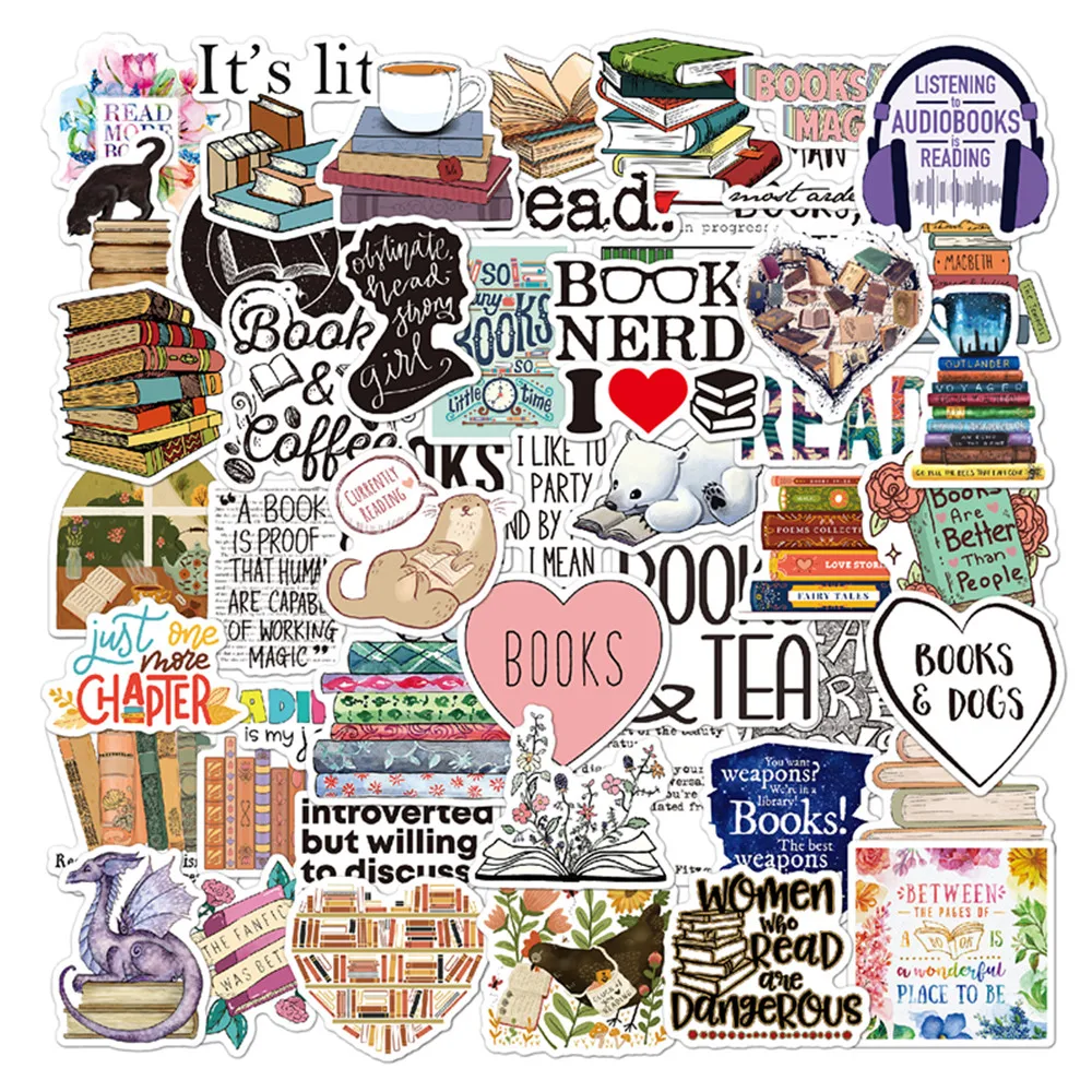 

50PCS Reading Stickers Waterproof Motivational Stickers Vintage Books Study Stickers for Laptops Hydro Flasks Guitar Luggage Car