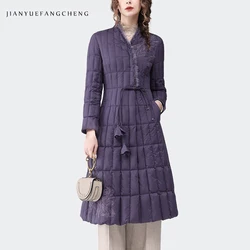 Vintage Embroidered Purple Long Down Dress Women Winter New High Waist A-line Warm Thickended White Duck Down Puffer Coats