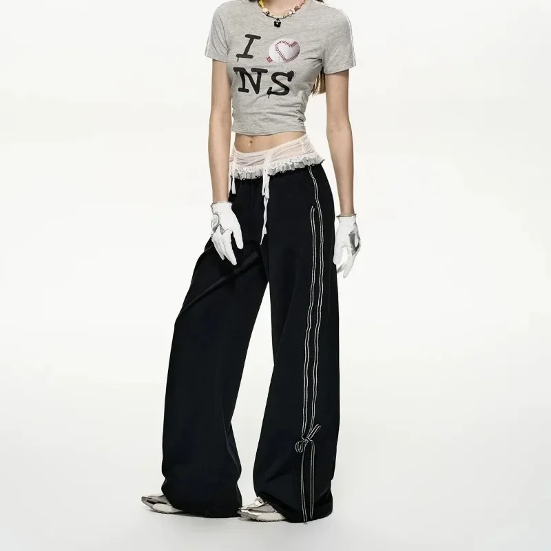 

American Y2k Girl Bottoms High Street Popular Harajuku Lace Spliced Drastring Design Pant Casual Long Baggy Wide Leg Trouserst
