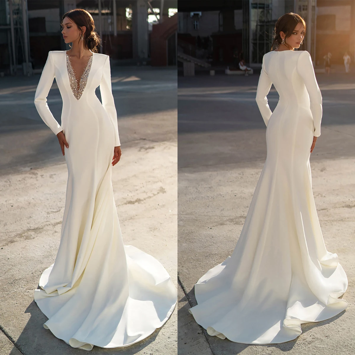 Winter Mermaid Wedding Dress Sexy Beading V Neck Cape Full Sleeve Bridal Gowns Vestido De Fiesta Customised Bride Dress