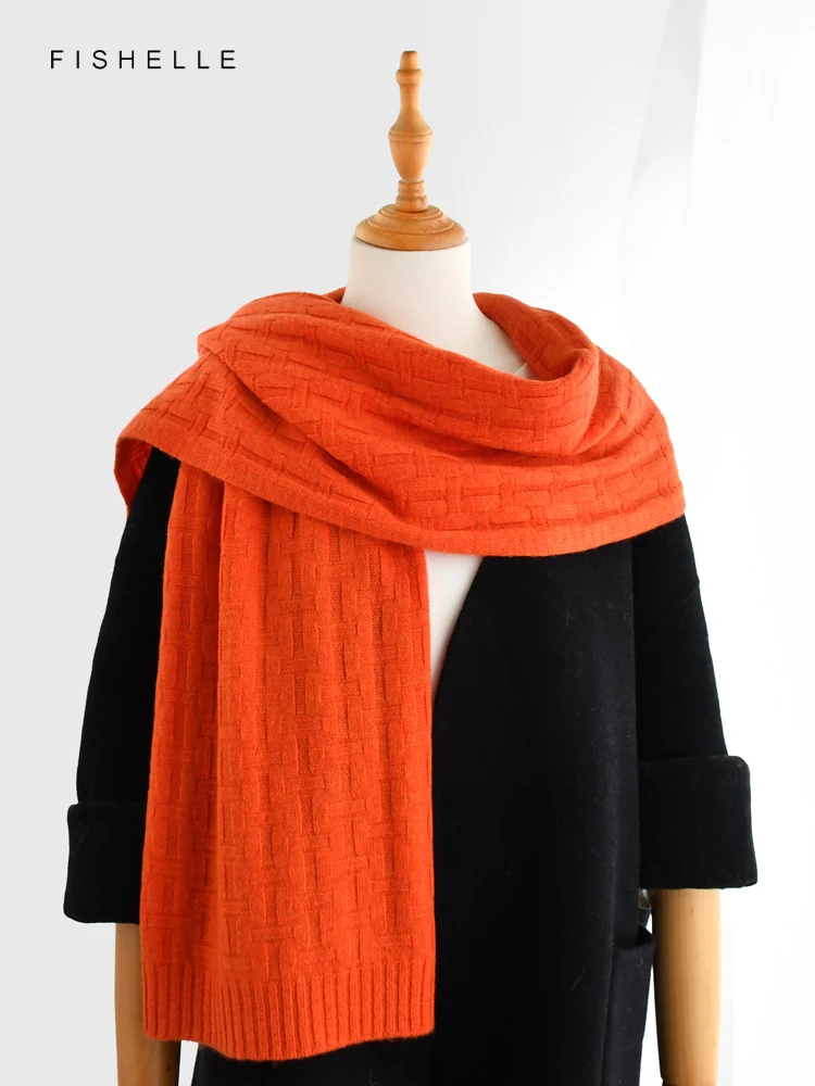 Orange red solid color pure 100% wool scarf knitted autumn winter for women's soft warm shawl thin lady luxury gifts