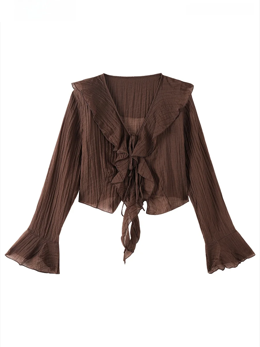 

Retro Coffee Color Bell Sleeve Tie Dye Women's Short Outerwear Spring Autumn Style Splice Lace Trim Versatile Open Cardigan Top
