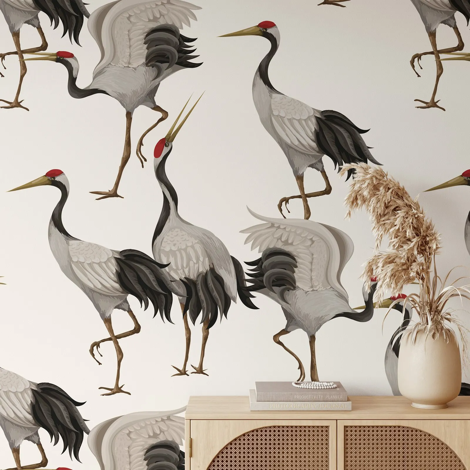 White Herons Wallpaper, Animal Wall Art, Luxury Wallpaper,Vintage Wallpaper With White Cranes, Asian Wall Art Wallpaper.50*300CM