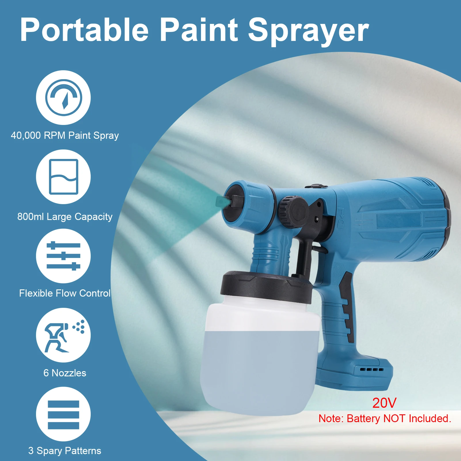 

Ручной беспроводной краскопульт, электрический краскораспылитель, медный двигатель, 6 насадок, 3 режима распыления, 3 режима подачи краски