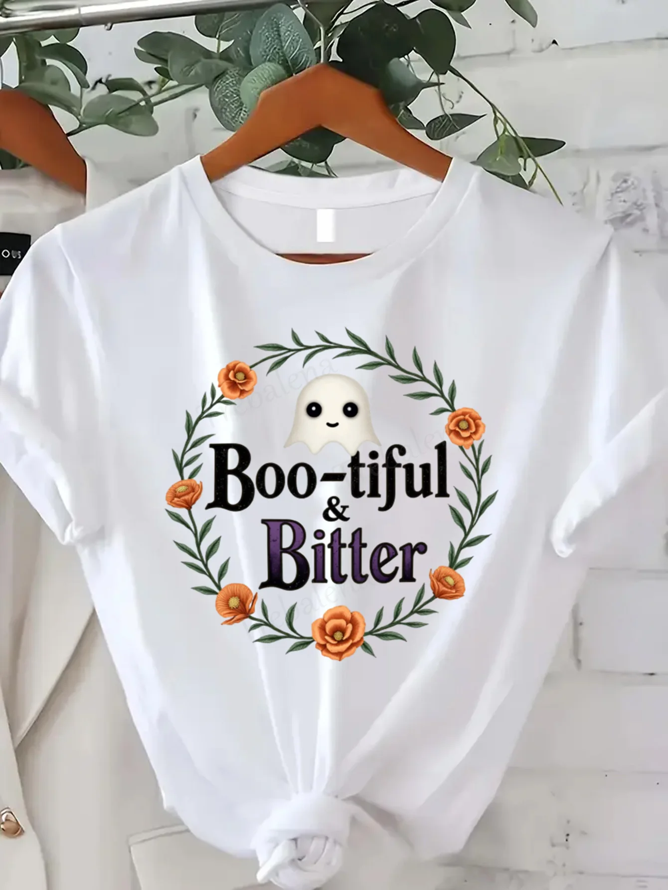

Round Neck T-shirt Boo-tiful & Bitter Halloween Ghost T-Shirt Women's Plus Size Funny Cute Short Sleeve Tee Fashion Casual Top
