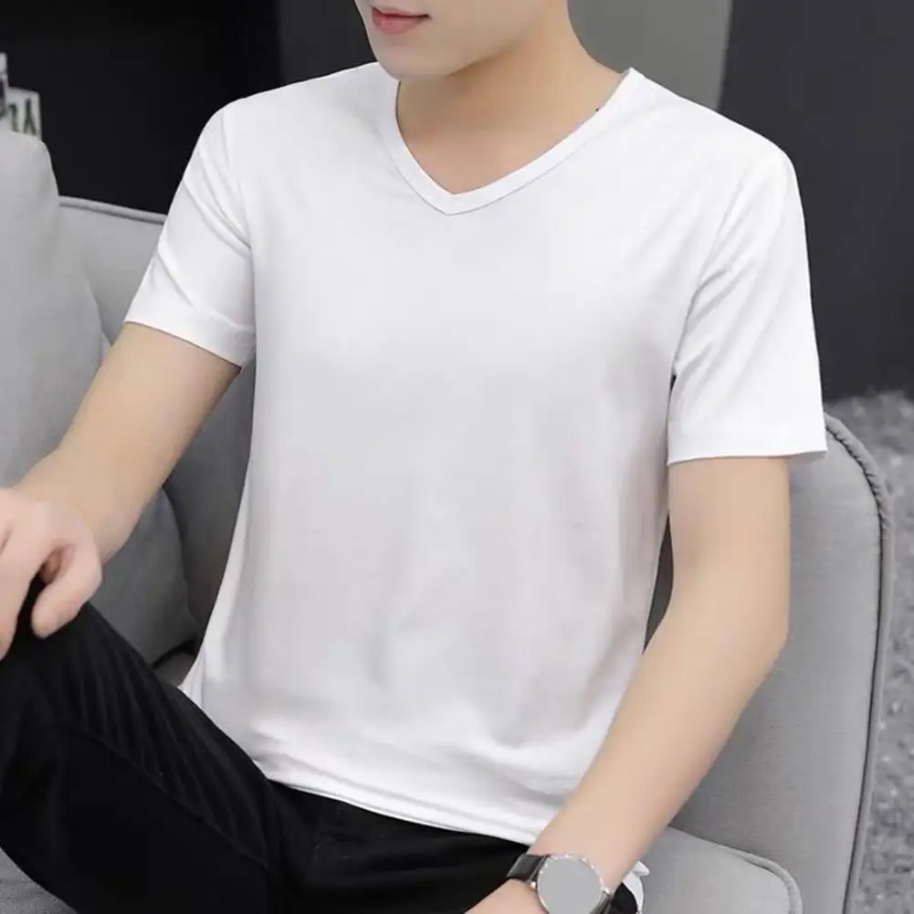 Summer Men T-shirt V Neck Ice Silk Solid Color Casual Style Short Sleeve Slim Fit Pullover Youthful Teenager Sport Top