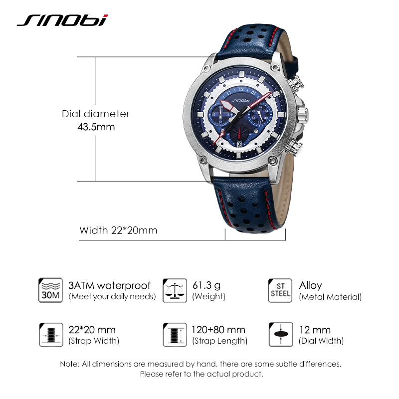 SINOBI New Fashion Sports Mens Watches Stainless Steel Chronograph Man Quartz Wristwatches Luminous hands Male\'s Calender Clock