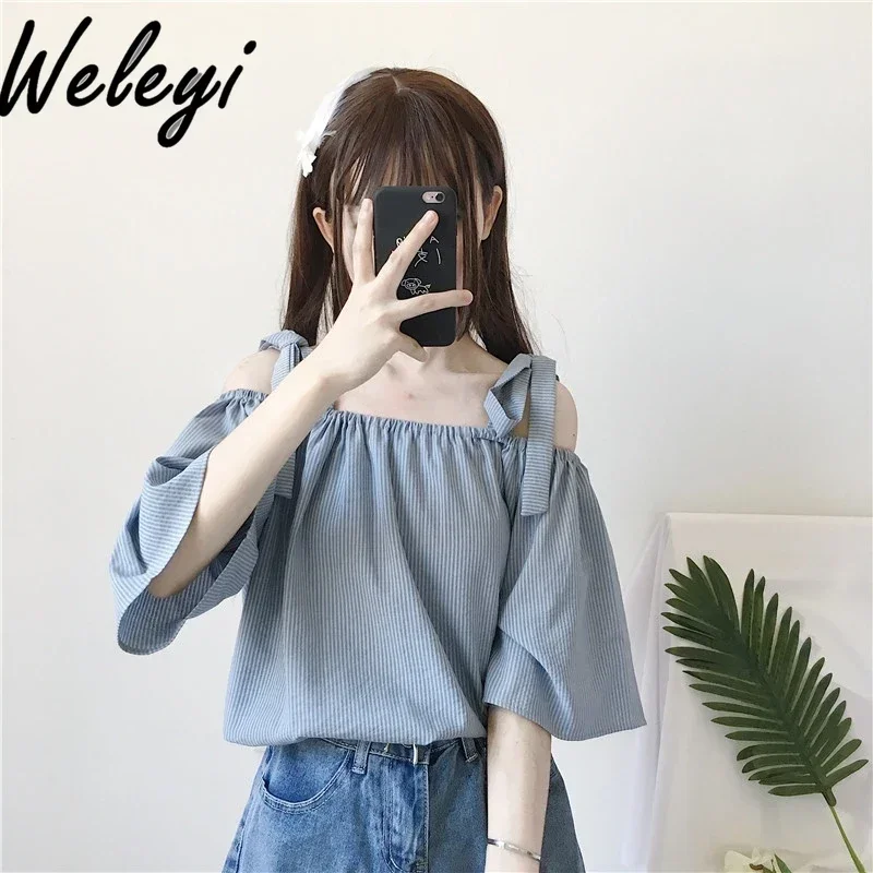 

Elegant Blusa Feminina Poleras Spring and Summer New Off Shoulder Lace Up Sweet Soft Girl Academy Style Fashion Tops Camisas