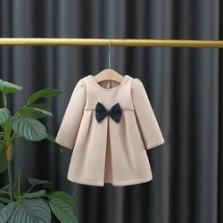 New Korean Version Dress For Girls In Autumn Cute Bow Tie, Long Sleeved Temperament A-Line Princess Dress