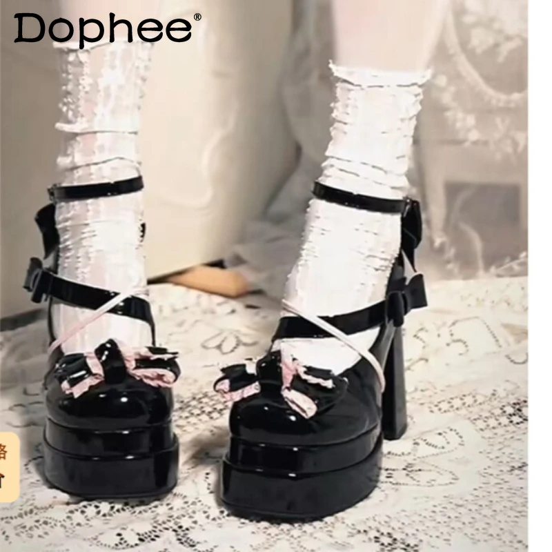 

Original Lolita Sweet Cool Girl Bow One-button High Heels Patent Leather Thick Heel Waterproof Table Retro Women's Single Shoes