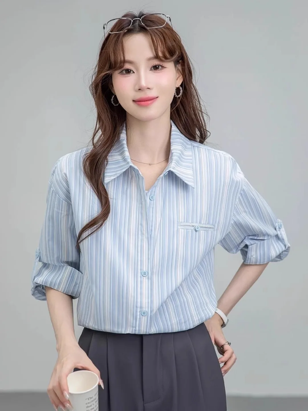 

Blue Striped Long Sve irt Women's Loose Fit Commute Sle Spring Autumn Winter Casual irt Polyester Fiber Thin Model