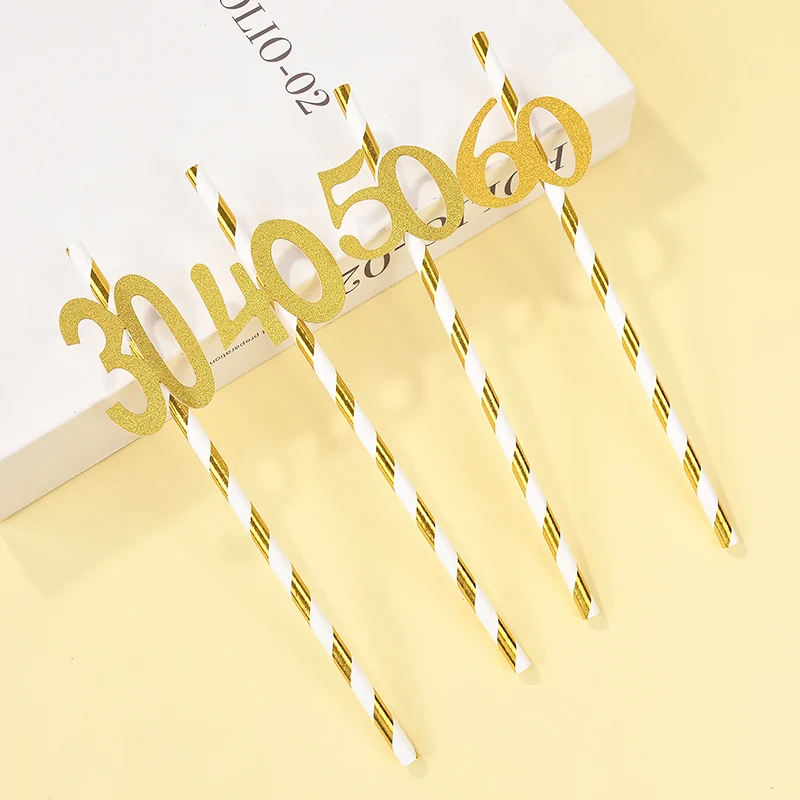 

10pcs Gold Stripe Paper Straws 30th 40th 50th 60th Drinking Straws Anniversary Wedding Party Supplies Birthday Party Decoration