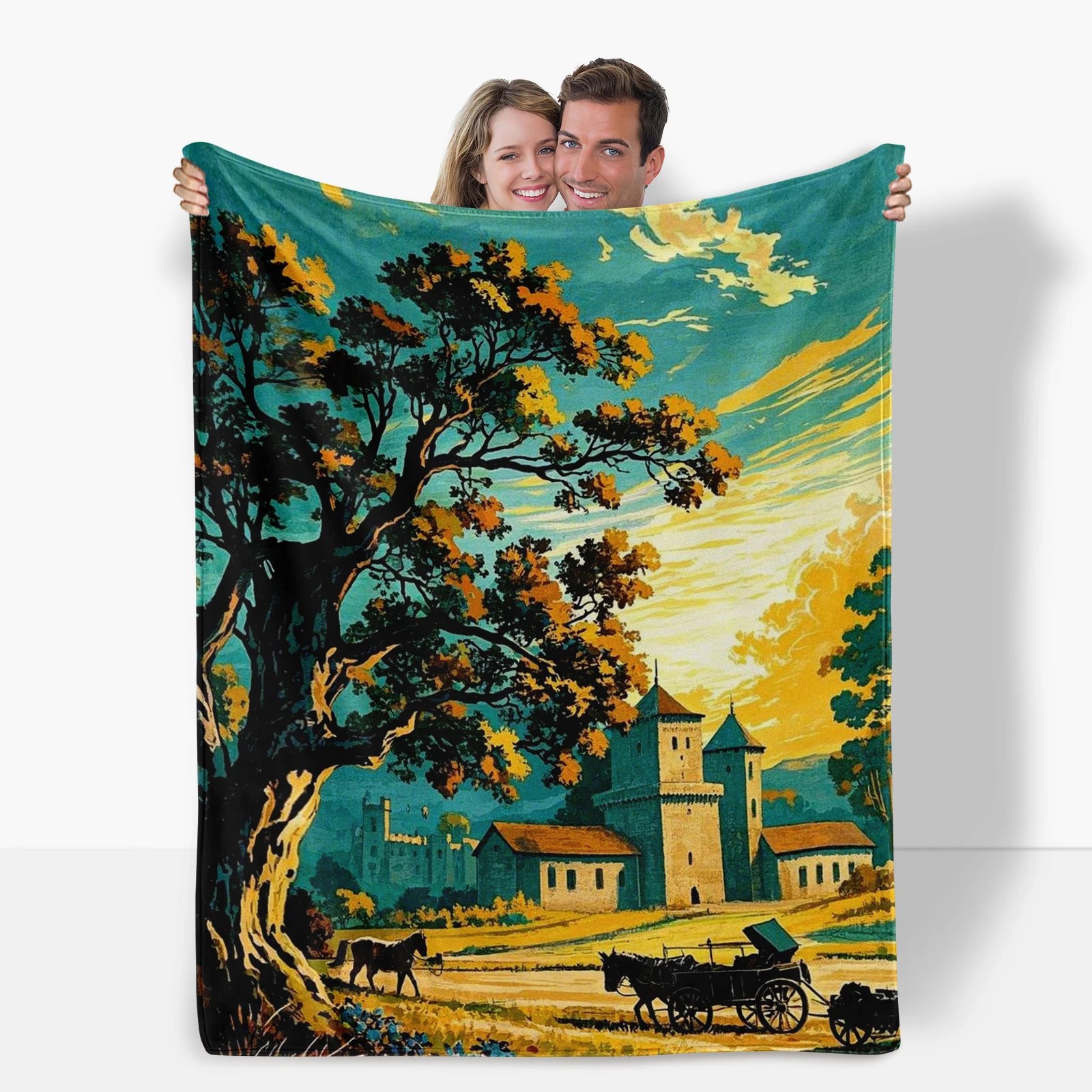 Cartoon Carriage Castle Oak Tree Blanket Offers Comfort And Style Making It A Great Gift For Family