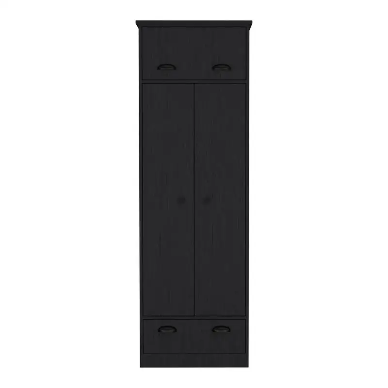 Black Dresser Closet with Upper Storage, 1 Door, 2 Central Shelves, 1 Hanging Rod Behind 2 Doors, 1 Bottom Drawer, Organized