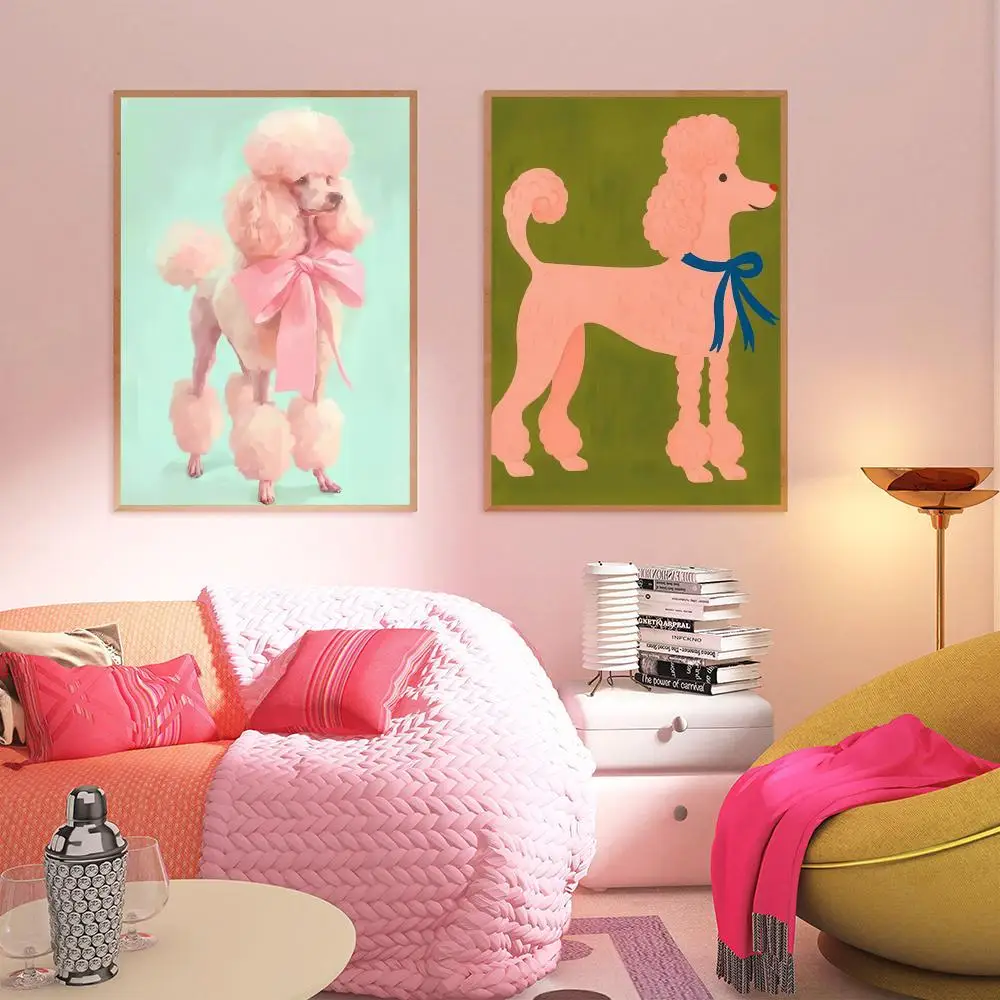 HD Pink Poodle Wall Art Poster Cute Dog Illustration Playful Mid Century Modern Pet Decor Living Room Bedroom Gift