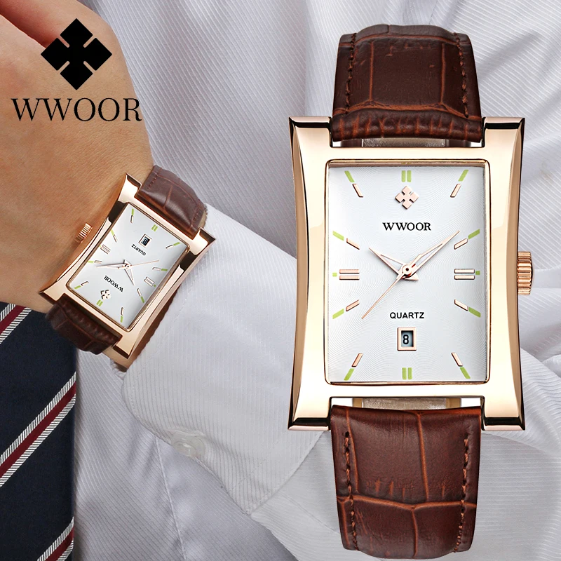 

WWOOR New Square Men Watch Waterproof Date Clock Luxury Quartz Sport Fashion Wrist Watch For Men Leather Strap Relogio Masculino