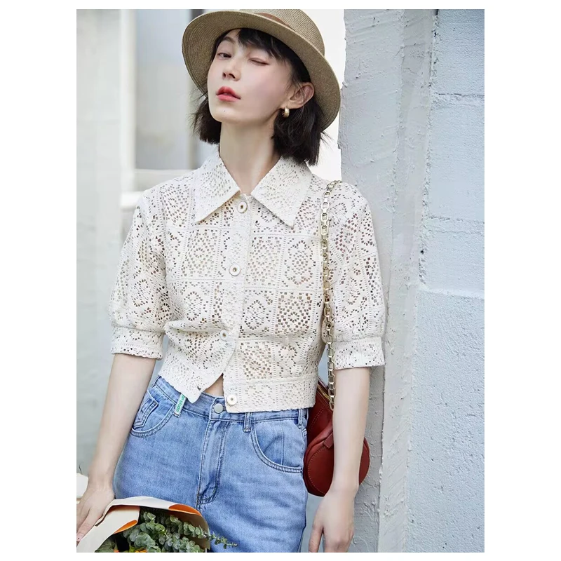 Feminino colarinho ort sve oco irt verão 2025 faion design versátil ort comprimento superior commute sle solto ajuste