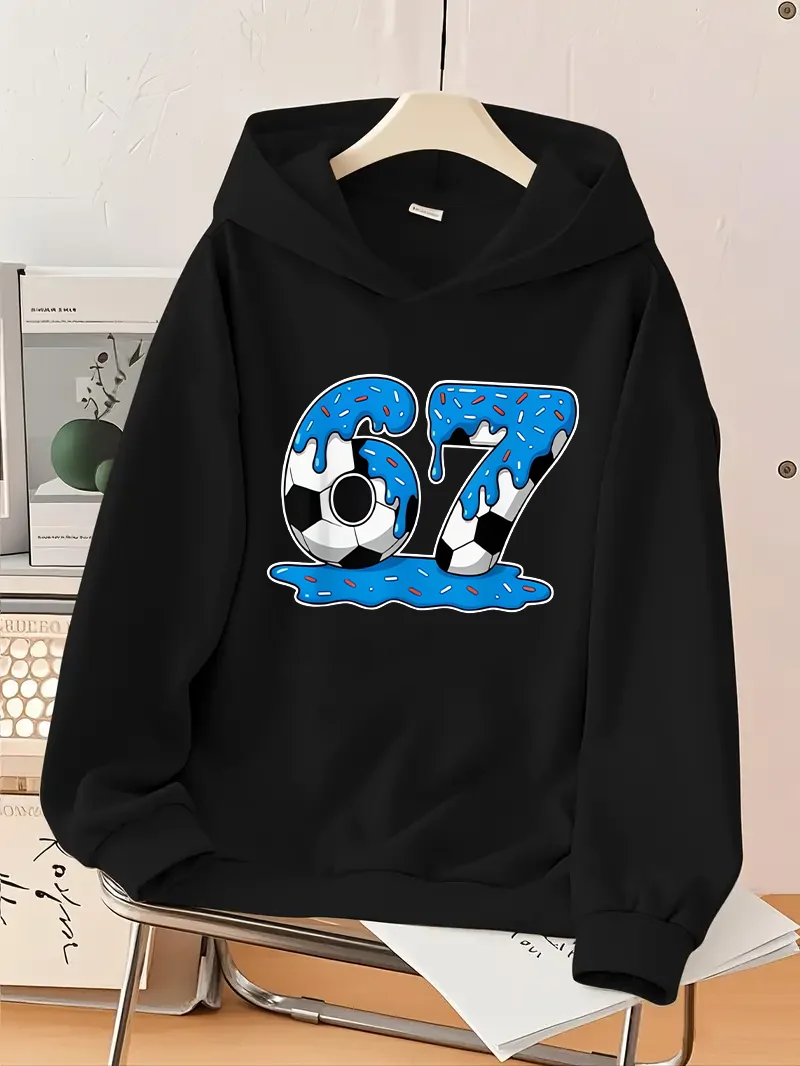 

Trend Dazzle Color Boys Soccer Style Number 67 Print Black Hooded Hoodie Personality Graffiti Loose Casual Hooded Top