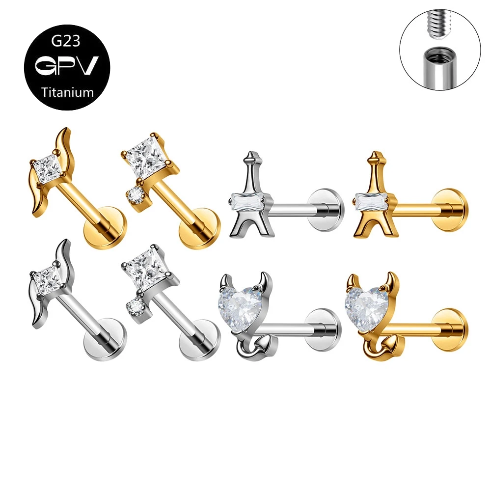 ASTM G23 Titanium Ear Studs Iron Tower Demon Square Zircon Light Luxury Ear Cartilage Stud Pierced Jewelry for Men and Women