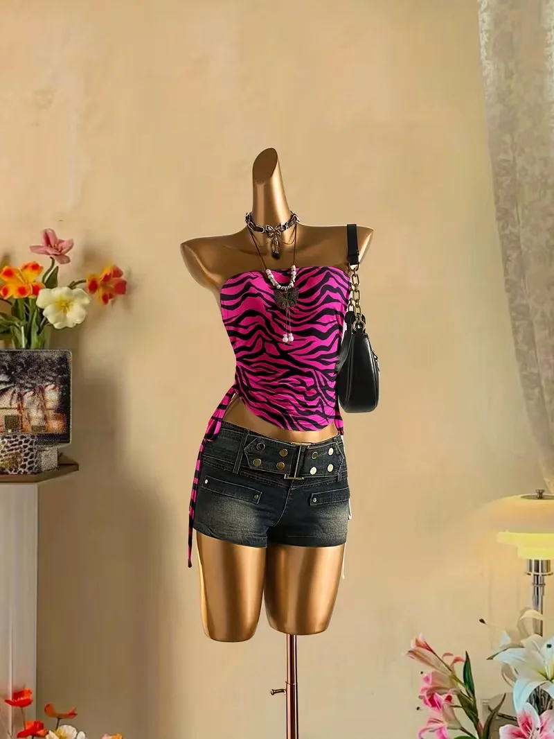 سترة نسائية قصيرة للعطلات الصيفية ذات ثنيات وأربطة وطبعة الفهد، بلوزة بدون أكمام بطبعة حمار وحشي، بلوزة مطبوعة على شكل حمار وحشي وردي،