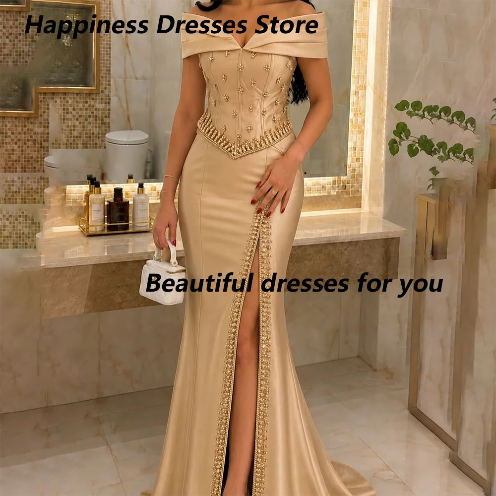 Luxury Champagne Off-Shoulder Evening Dress for Women Beaded Corset Slit Elegant Formal Gown Wedding Guest Prom Dress Customized