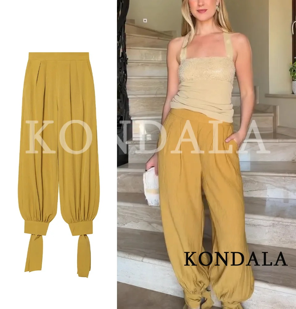 KONDALA Women Commute Casual Bow Lantern Pants 2026 Spring Summer Trendy Elegant Long Pants Female Chic Elastic Waist Trousers