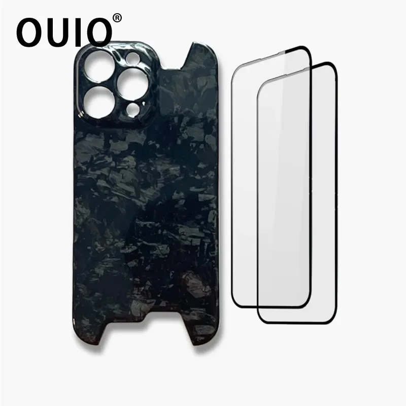 OUIO Glossy For IPhone 13 14 15 16Pro Max Case Irregular Shape Military Grade 100% Carbon Fiber Ultra-light Shockproof Cover