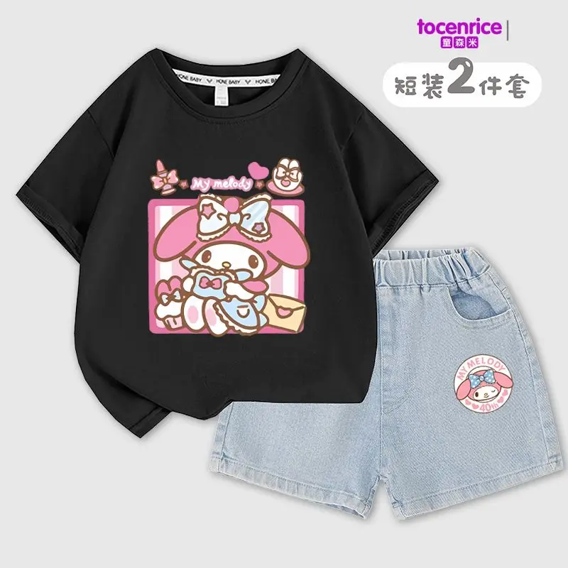 Sanrios Kids My Melody Children's Short-Sleeved Shorts Two-Piece Set Girl Cotton T-Shirt Denim Shorts Summer Casual Kids Clothes