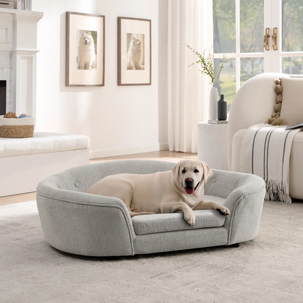 

OVERSIZED Oval Semi-Enclosed Dog Sofa: Durable Linen, Button-Tufted Back, High-CenterLow-Sides Support & Plush Comfort Beige