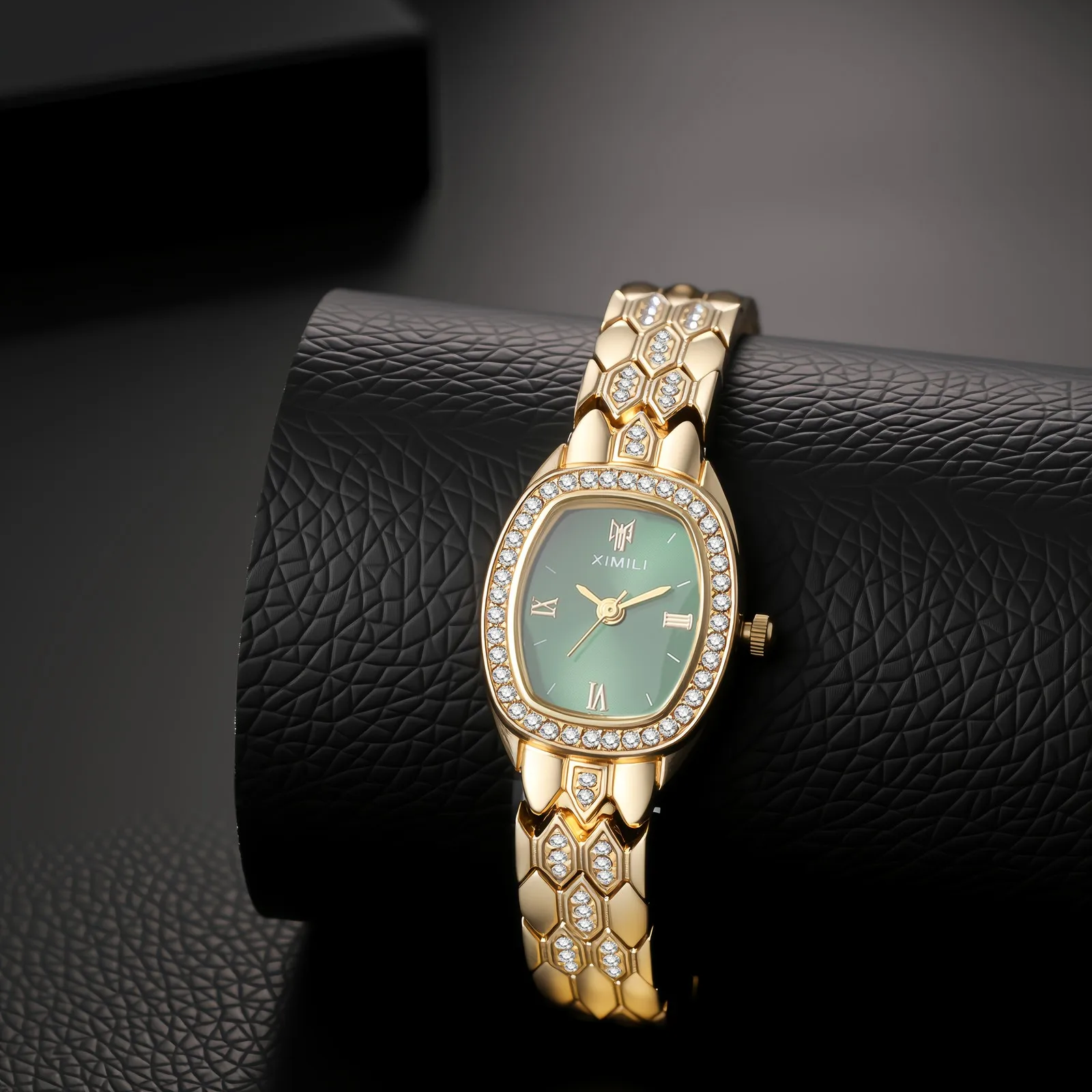 Elegant Gold Tone Square Quartz Watch Crystal Bezel Roman Numeral Wristwatch Luxury Dress Metal Mesh Band Watch Gift for Women