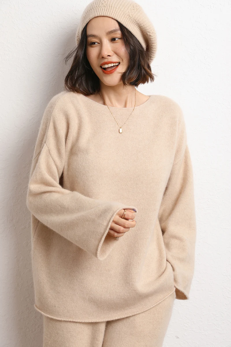 

Изящные милые модные мягкие топы, шикарные повседневные свободные женские пуловеры с круглым вырезом, роскошный осенне-зимний вязаный свитер из 100% кашемира