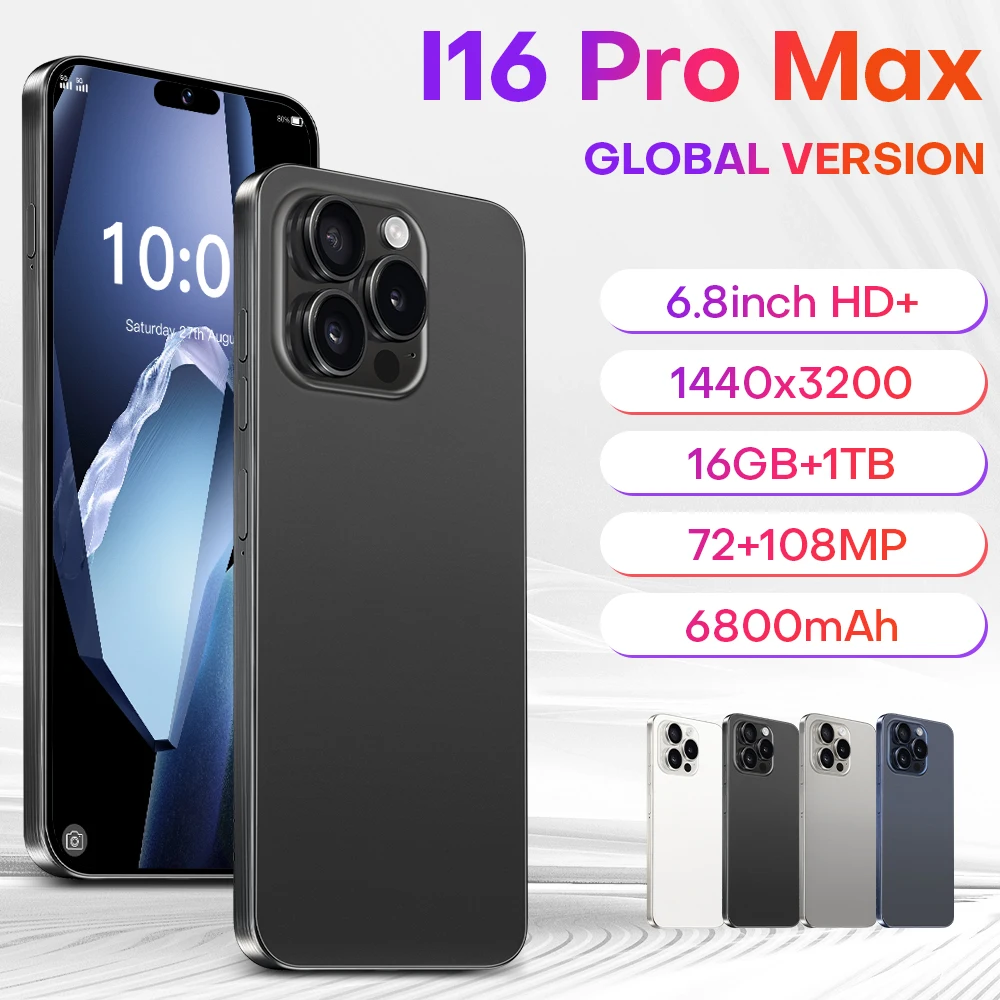 

Case For i16 Pro max 16GB+1TB 6.8 inch Android 14 72MP+108MP Camera 6800mAh battery network 10 core 2025 New Hot