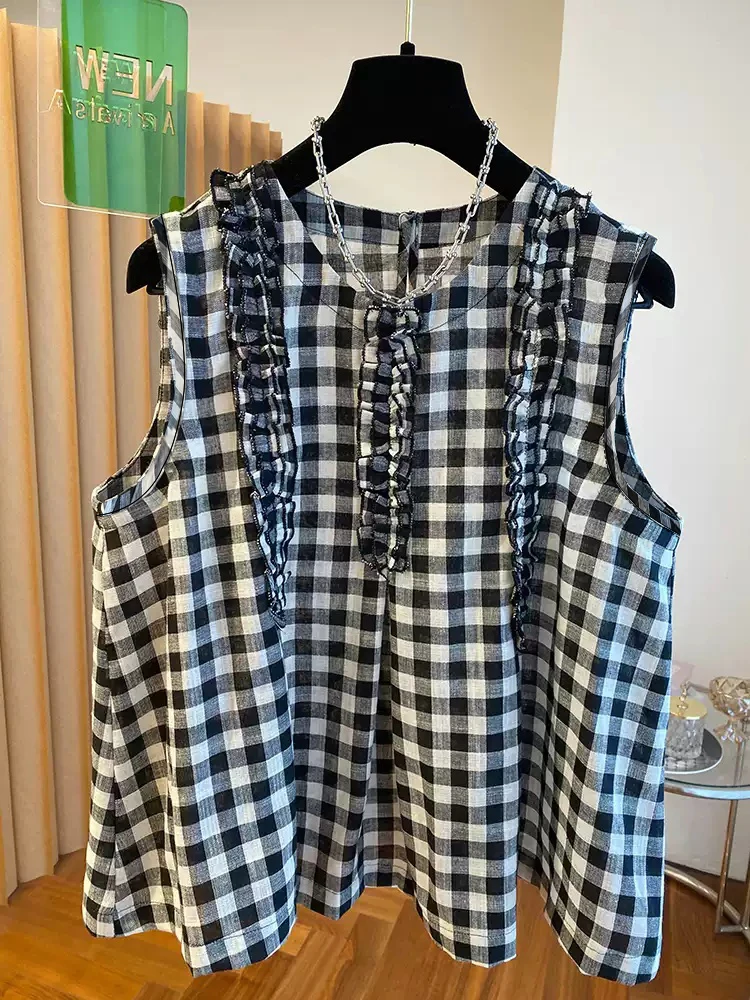 

Женская мода, клетчатый кружевной жилет с уникальным дизайном, верхняя рубашка, повседневная одежда, универсальная женская одежда