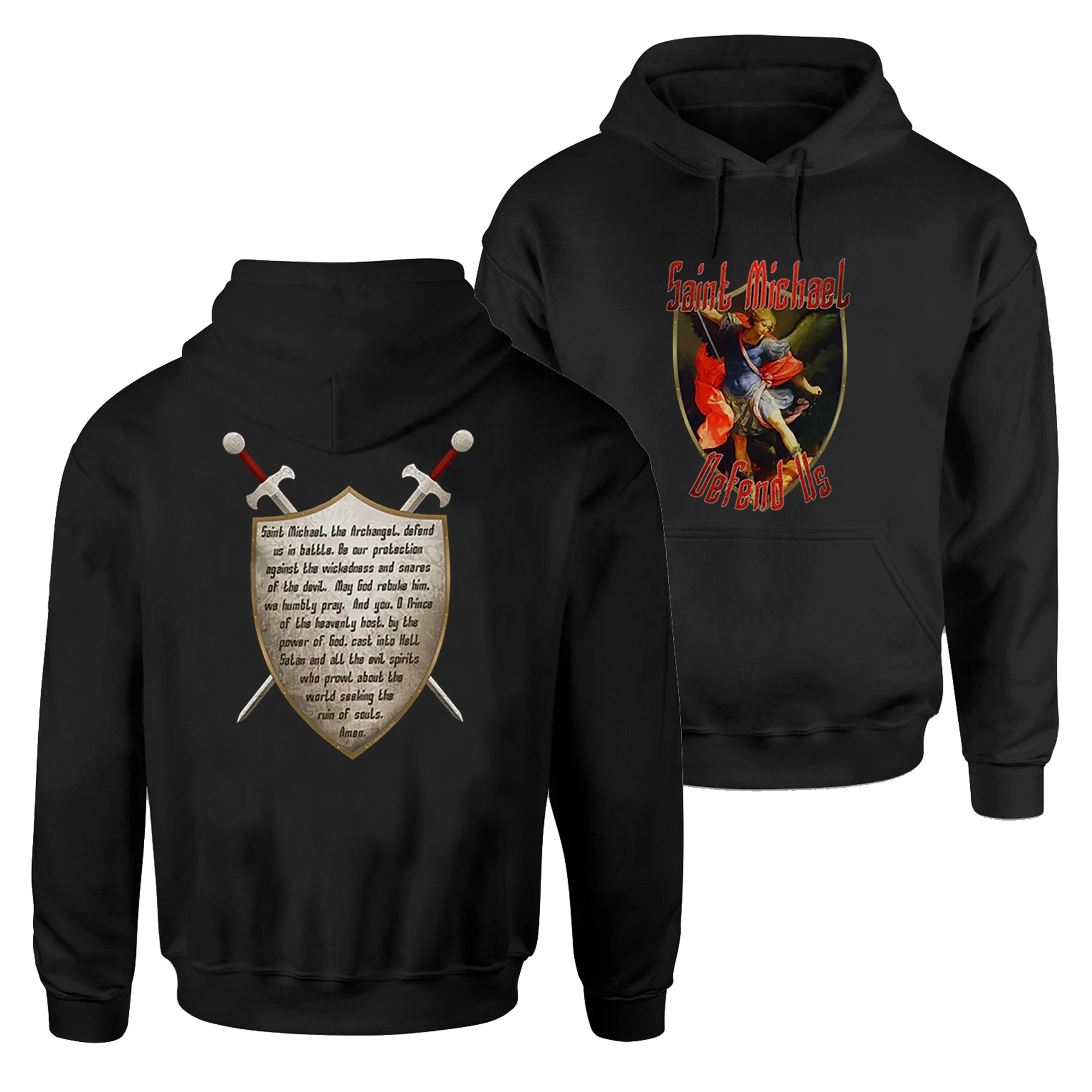 Archangel St Michael Defend Us in Battle Prayer Shield Pullover Hoodie 100% Cotton Comfortable Casual Mens Sweatshirt Streetwear