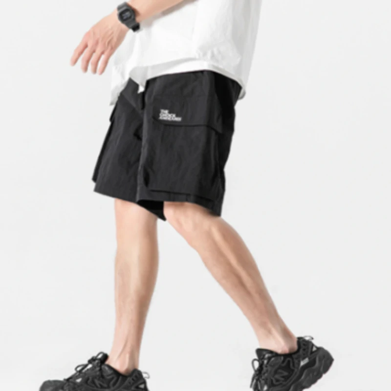 Celana pendek kargo pria, celana pendek kargo baru kantong elastis bordir pinggang sederhana Streetwear musim panas nyaman tali serut gaya Korea longgar Hip Hop