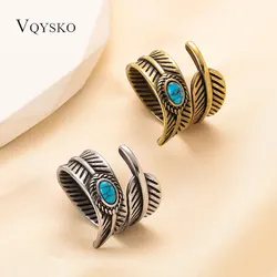 Fashion Bohemia Leaf Feather Rings Vintage Punk Turquoise Opening Adjustable Finger Rings for Women Men Party Jewelry Gifts