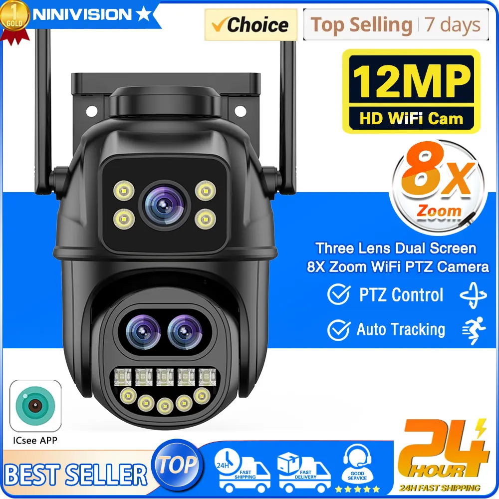 

12MP 6K Wifi Surveillance Camera 8X Digital Zoom Outdoor PTZ Wifi Camera Human Detection Alarm 4K Security Camera ICSEE