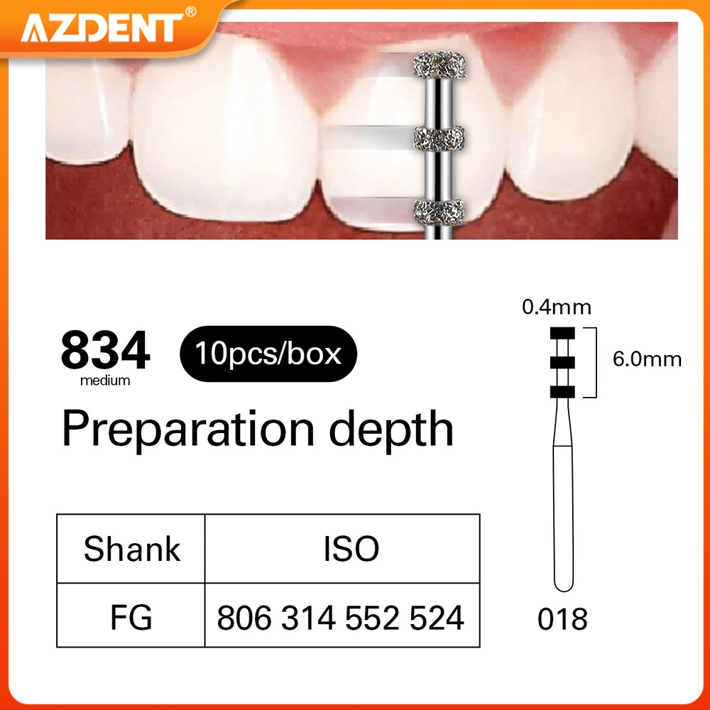 Dental FG Diamond Burs VP-21 AZDENT Preparation Depth Marking Medium Grit 1.6mm for High Speed Handpiece 300,000RPM Autoclavable