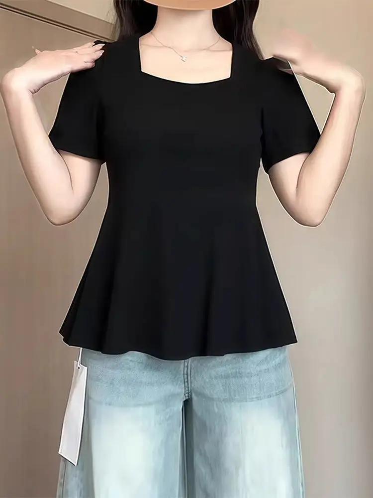 

plus Size Women's Fashionable Short Sleeve T-Shirt Square Collar Irregular Hemline Regular Fit Summer Top Casual Commute Style